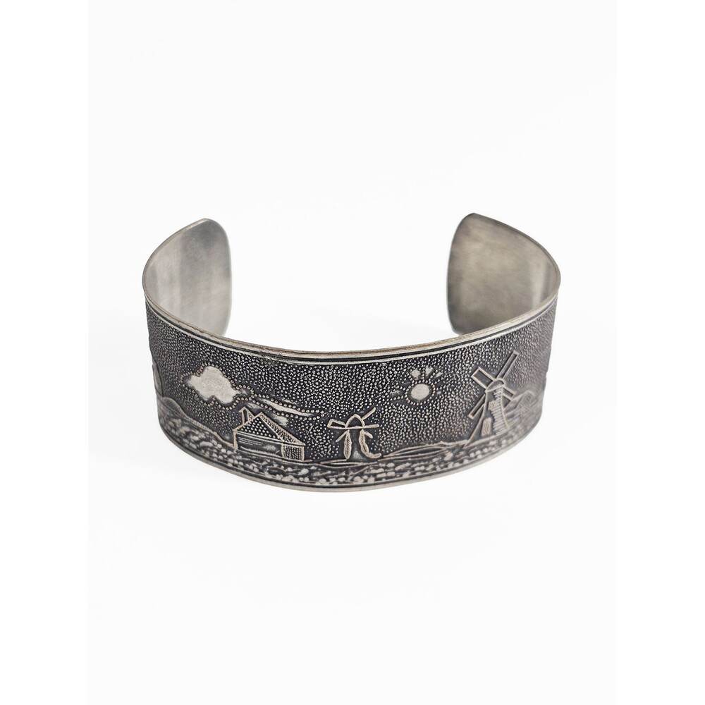 Pewter Silver Tone Dutch Etched Windmill Farm Scene Cuff Bracelet